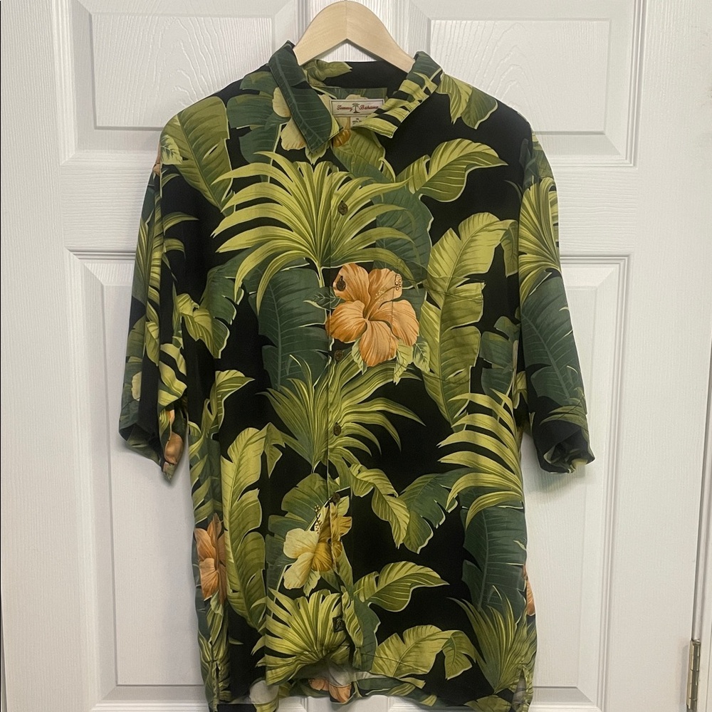 Tommy Bahama Green and Black Floral Silk Shirt